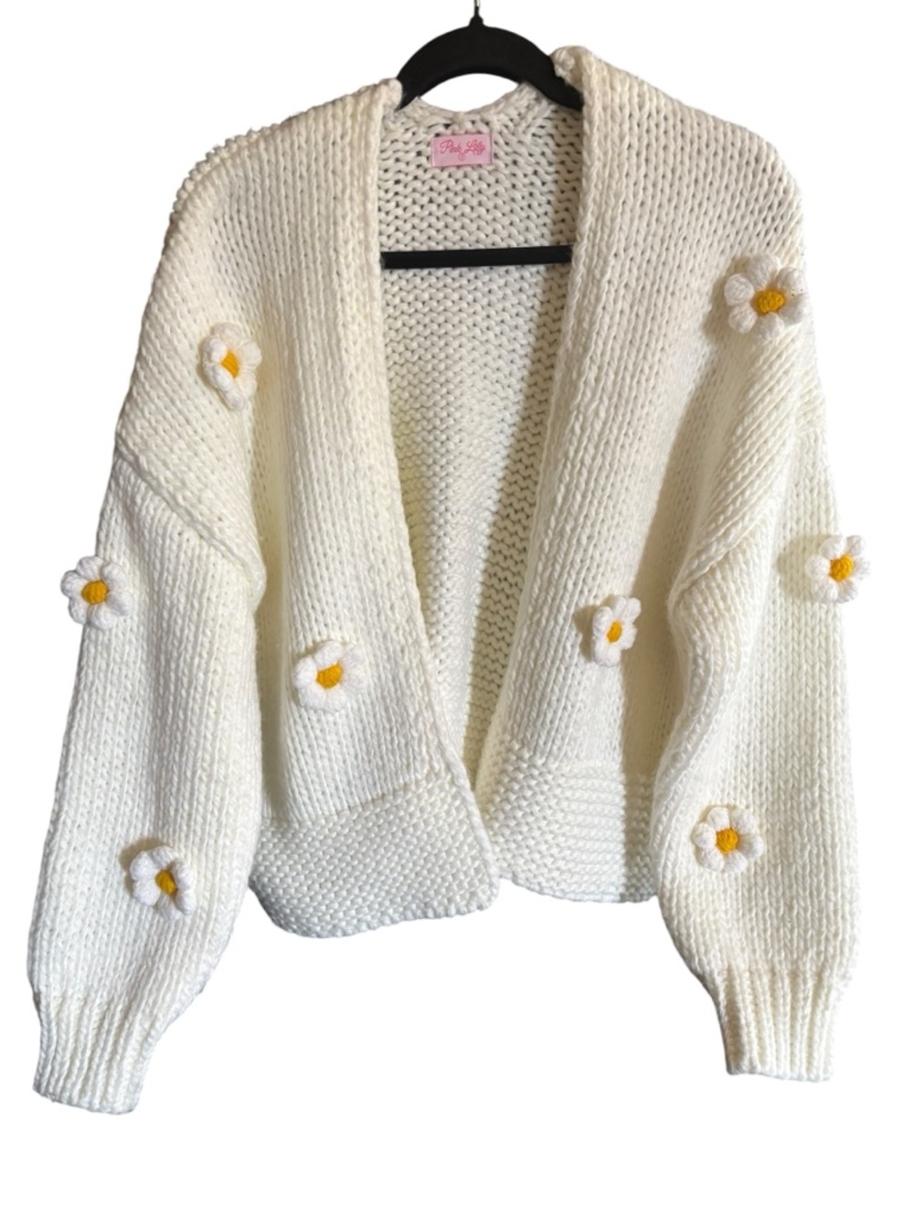 Pink Lily Cream Chunky Knit Cardigan Daisy Flower Sweater Small